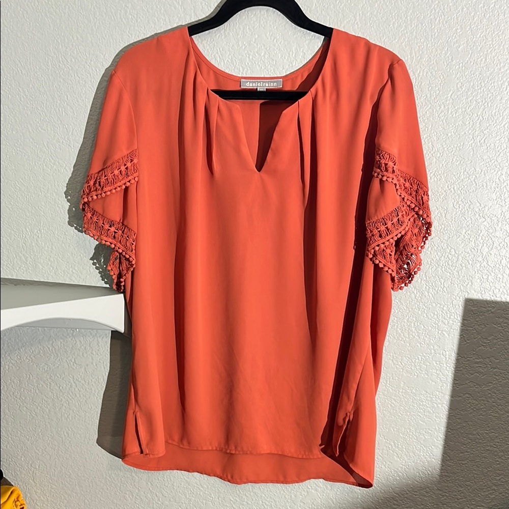 Women's Orange Blouse with Lace Sleeves